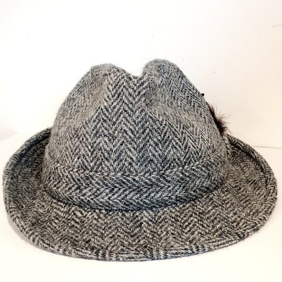 Harris Tweed Other - Harris Tweed Dunn & Co Hat Trilby Grey Herringbone Feather Vintage Size 7 57cm